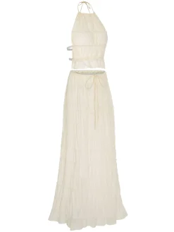 Best Retro Stage 2PCS 1970s Wrinkle Halter Backless Top & Skirts White