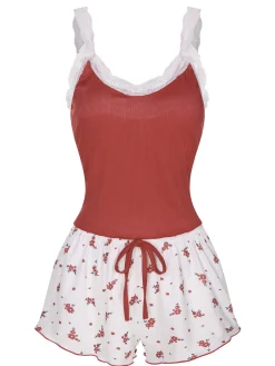 Discount Retro Stage 2PCS 1950s Lace Straps Pajamas Wine Red