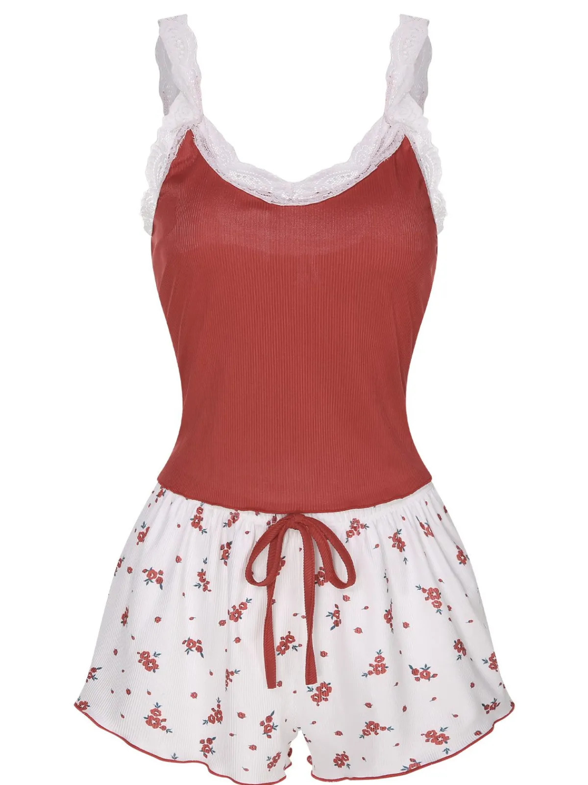 Discount Retro Stage 2PCS 1950s Lace Straps Pajamas Wine Red