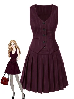 New Retro Stage 2PCS Wine Red 1960s Pinstripes Top & Pleated Skirt