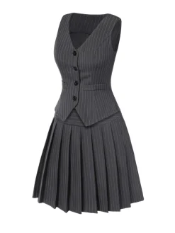 New Retro Stage 2PCS Wine Red 1960s Pinstripes Top & Pleated Skirt