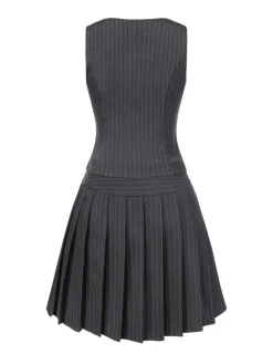 New Retro Stage 2PCS Wine Red 1960s Pinstripes Top & Pleated Skirt