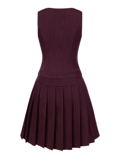 New Retro Stage 2PCS Wine Red 1960s Pinstripes Top & Pleated Skirt