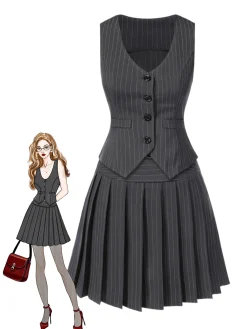 New Retro Stage 2PCS Wine Red 1960s Pinstripes Top & Pleated Skirt