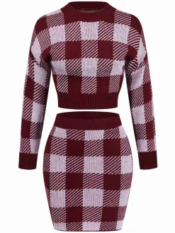 New Retro Stage 2PCS 1960s Shepherd Plaid Knit Top & Skirt Wine Red