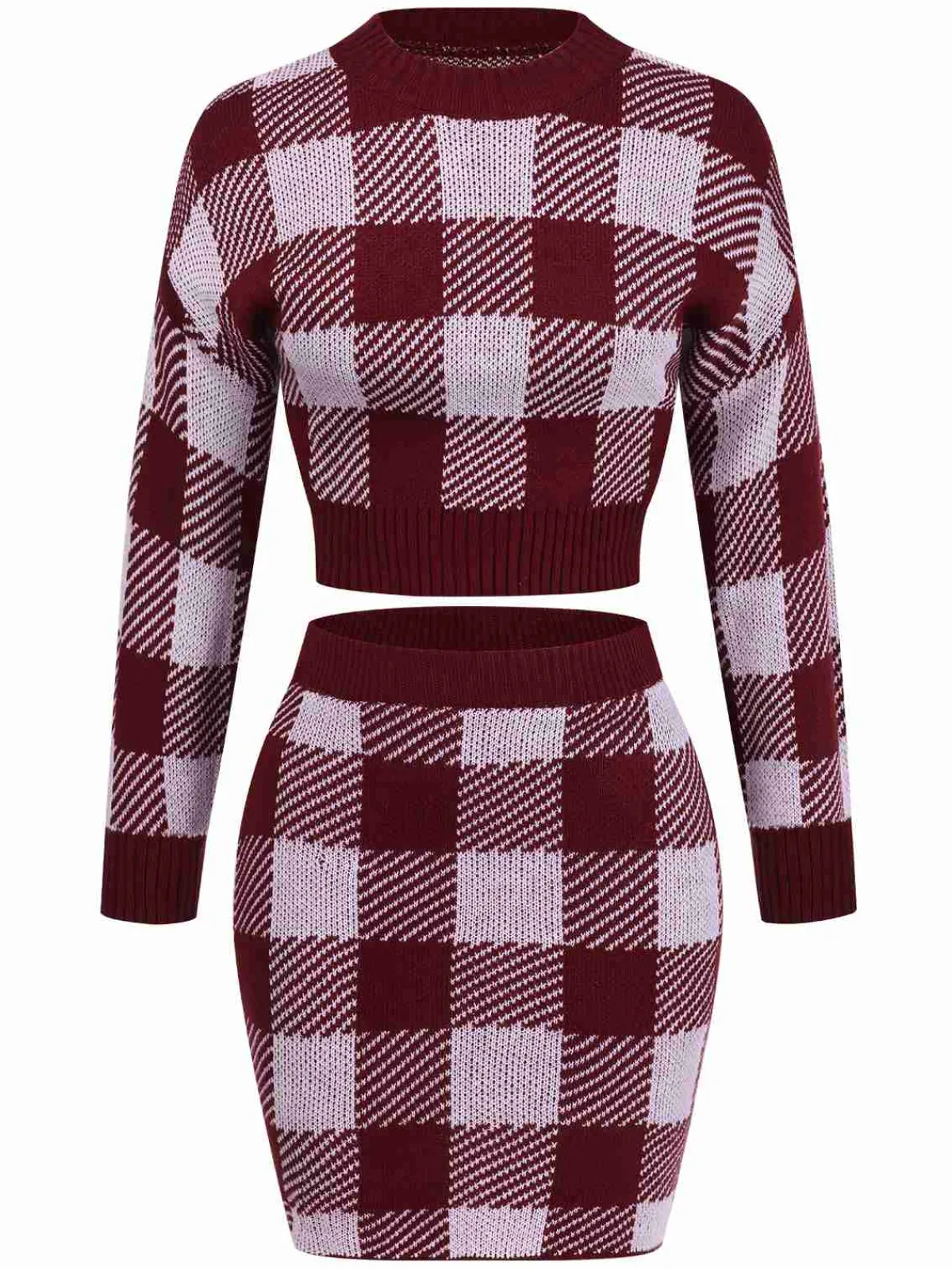 New Retro Stage 2PCS 1960s Shepherd Plaid Knit Top & Skirt Wine Red
