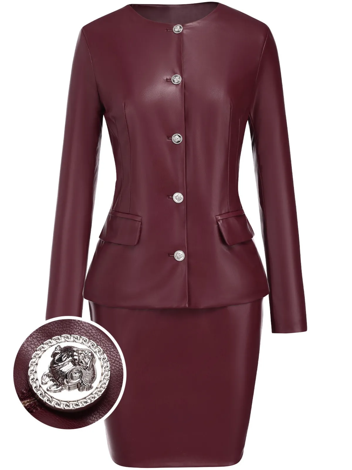 Best Retro Stage 2PCS 1960s Solid Leather Top & Pencil Skirt Wine Red