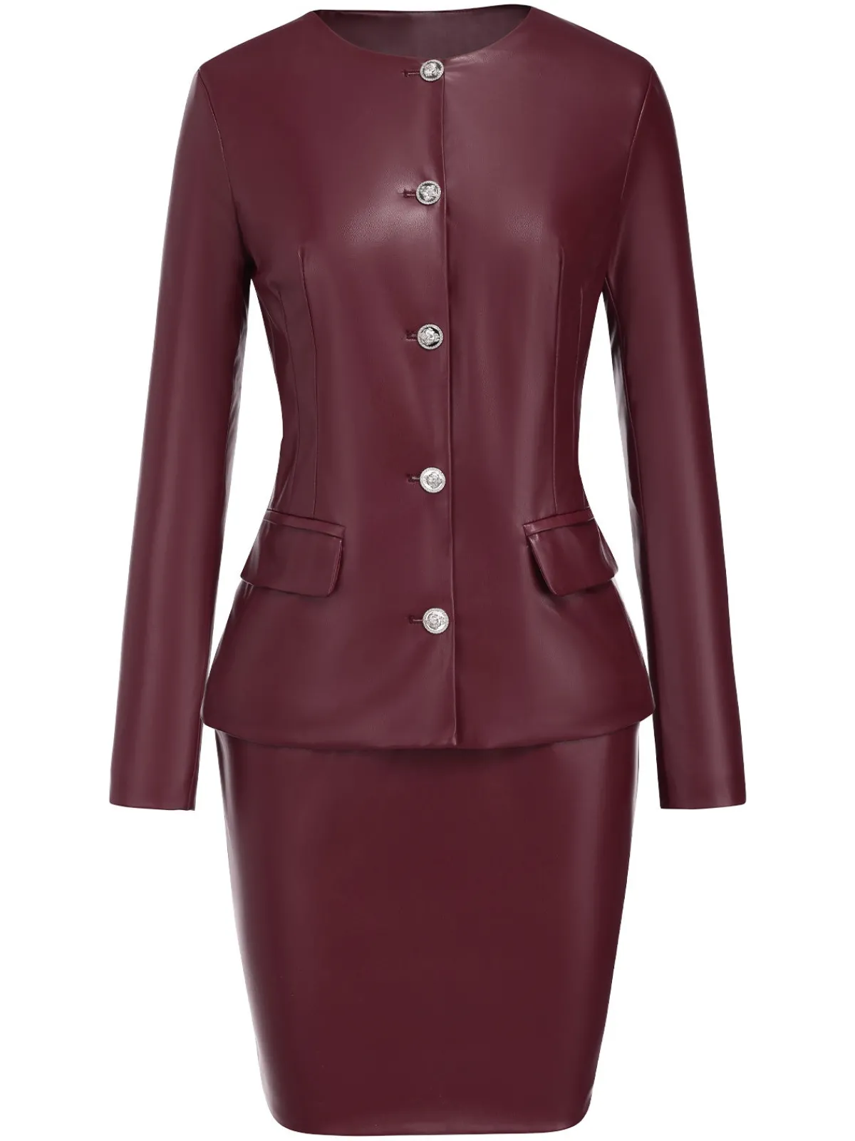 Best Retro Stage 2PCS 1960s Solid Leather Top & Pencil Skirt Wine Red