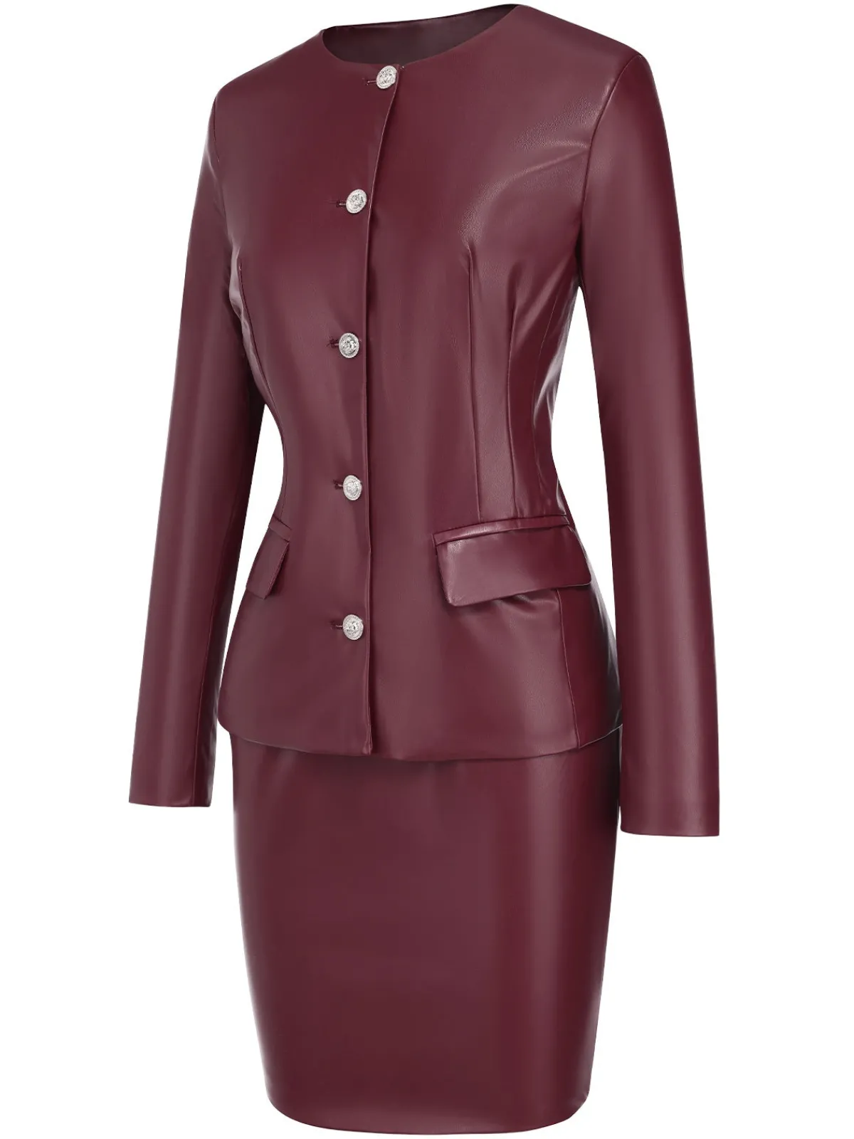 Best Retro Stage 2PCS 1960s Solid Leather Top & Pencil Skirt Wine Red