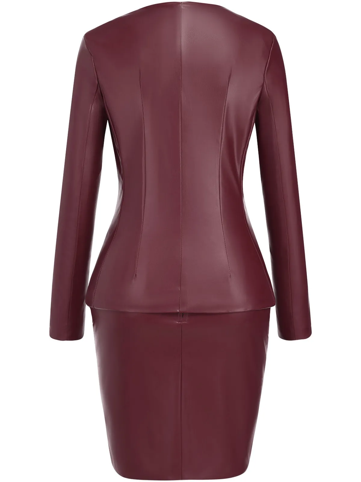 Best Retro Stage 2PCS 1960s Solid Leather Top & Pencil Skirt Wine Red