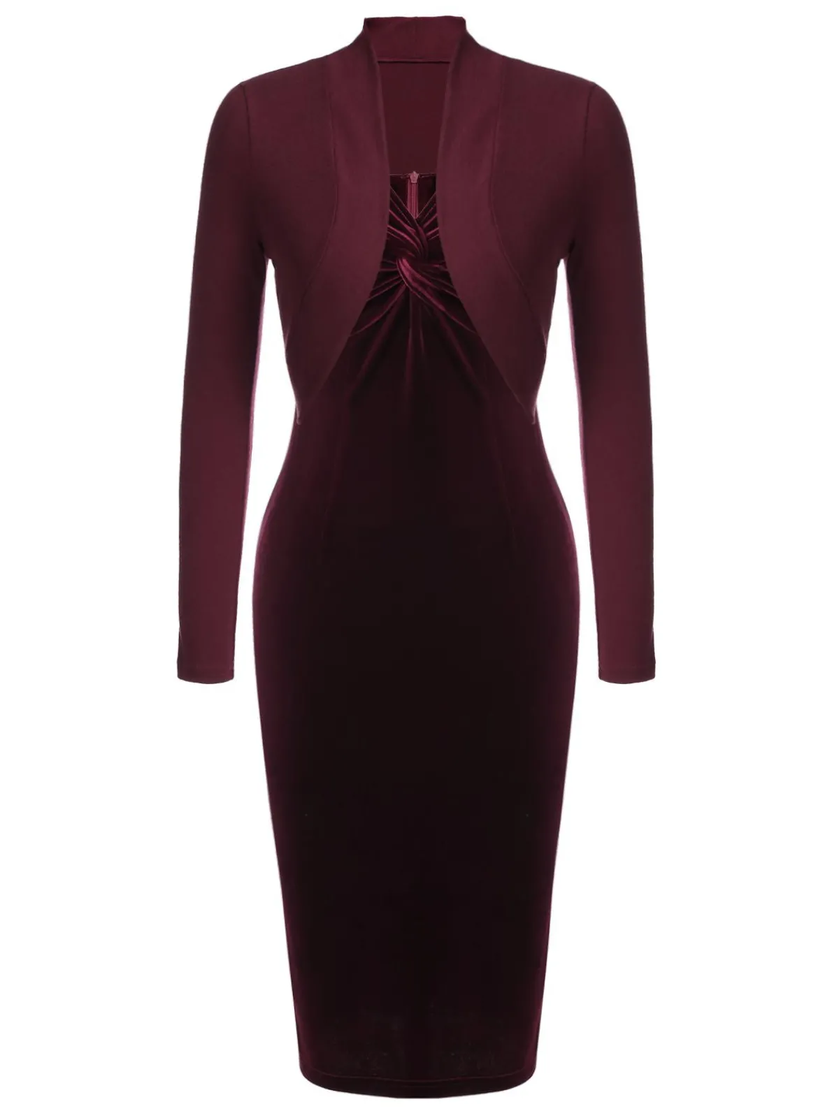 Clearance Retro Stage 2PCS Wine Red 1960s Velvet Bodycon Dress