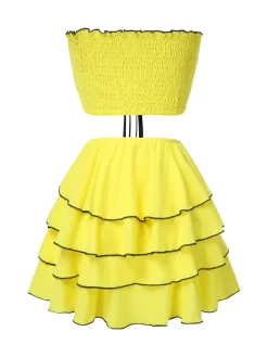 Hot Retro Stage 2PCS 1950s Bow Smocked Tube Top & Multi-Layer Skirt Yellow