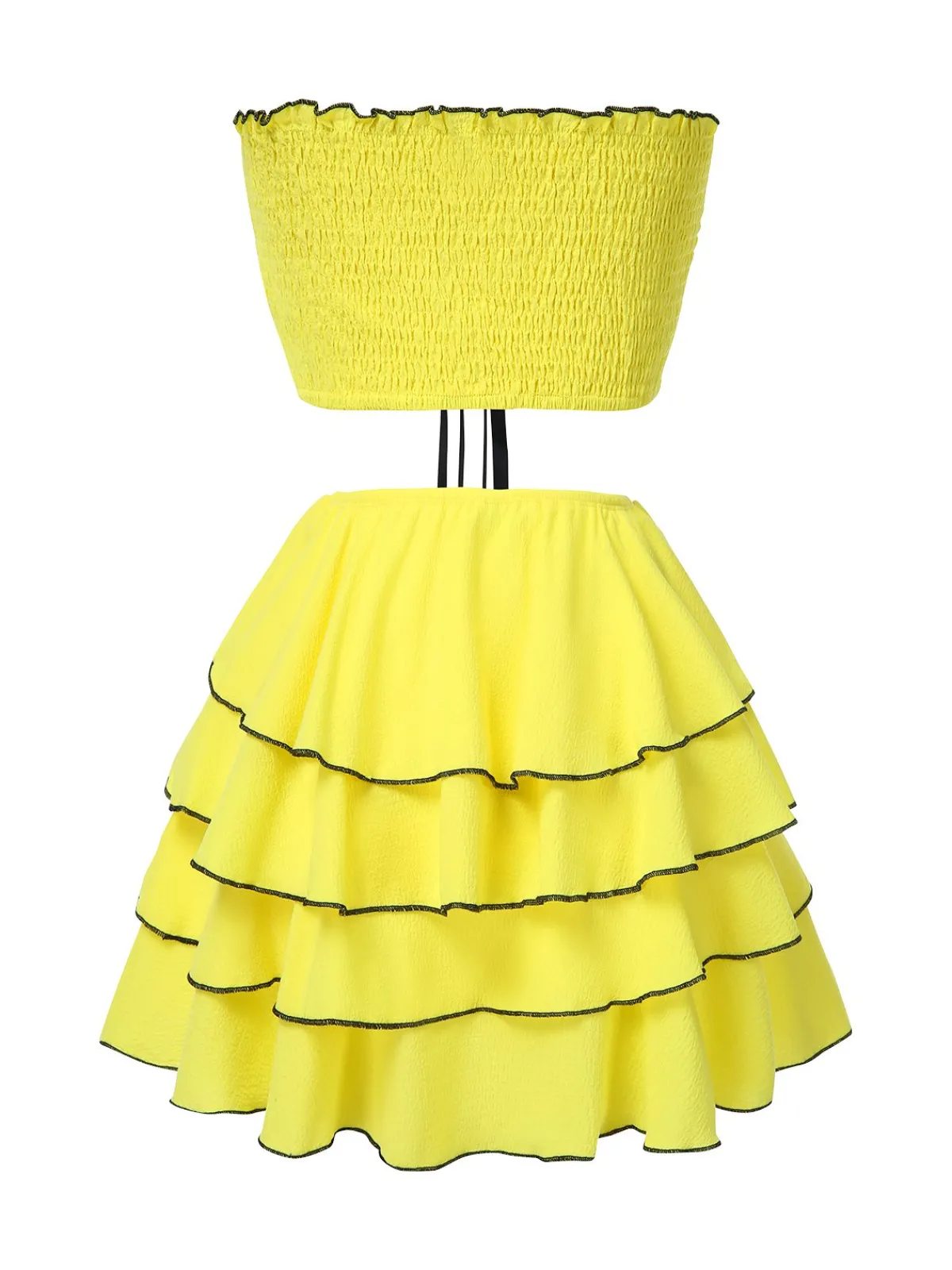 Hot Retro Stage 2PCS 1950s Bow Smocked Tube Top & Multi-Layer Skirt Yellow