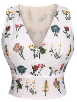 Online Retro Stage 2PCS 1950s Embroidery Top & Pockets Shorts Yellow