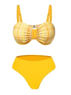 Online Retro Stage 3PCS 1950s Plaid Bikini Set Yellow