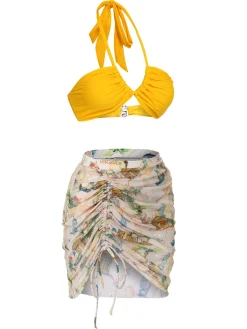 Clearance Retro Stage 2PCS Yellow 1970s Retro Architectural Pattern Swimsuit & Cover-Up Multicolor