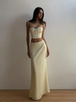 Online Retro Stage 2PCS 1930s Spaghetti Straps Bow Top & Skirt Yellow