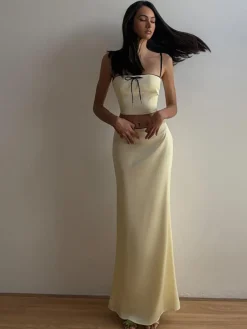Online Retro Stage 2PCS 1930s Spaghetti Straps Bow Top & Skirt Yellow