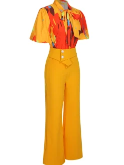 Outlet Retro Stage 2PCS 1970s Tie Bow Colorblock Blouse & Bottons Pants Yellow