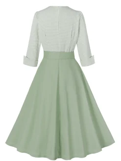 Discount Retro Stage 1950s Plaid Roll Up Belt Dress Pea Green Grey