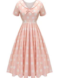 Fashion Retro Stage 1940s Dot Short Sleeves Dress Peach Pink