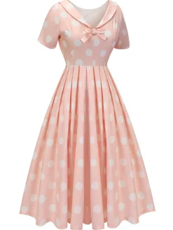 Fashion Retro Stage 1940s Dot Short Sleeves Dress Peach Pink