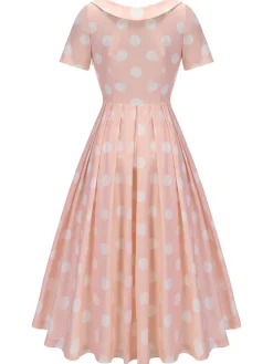 Fashion Retro Stage 1940s Dot Short Sleeves Dress Peach Pink