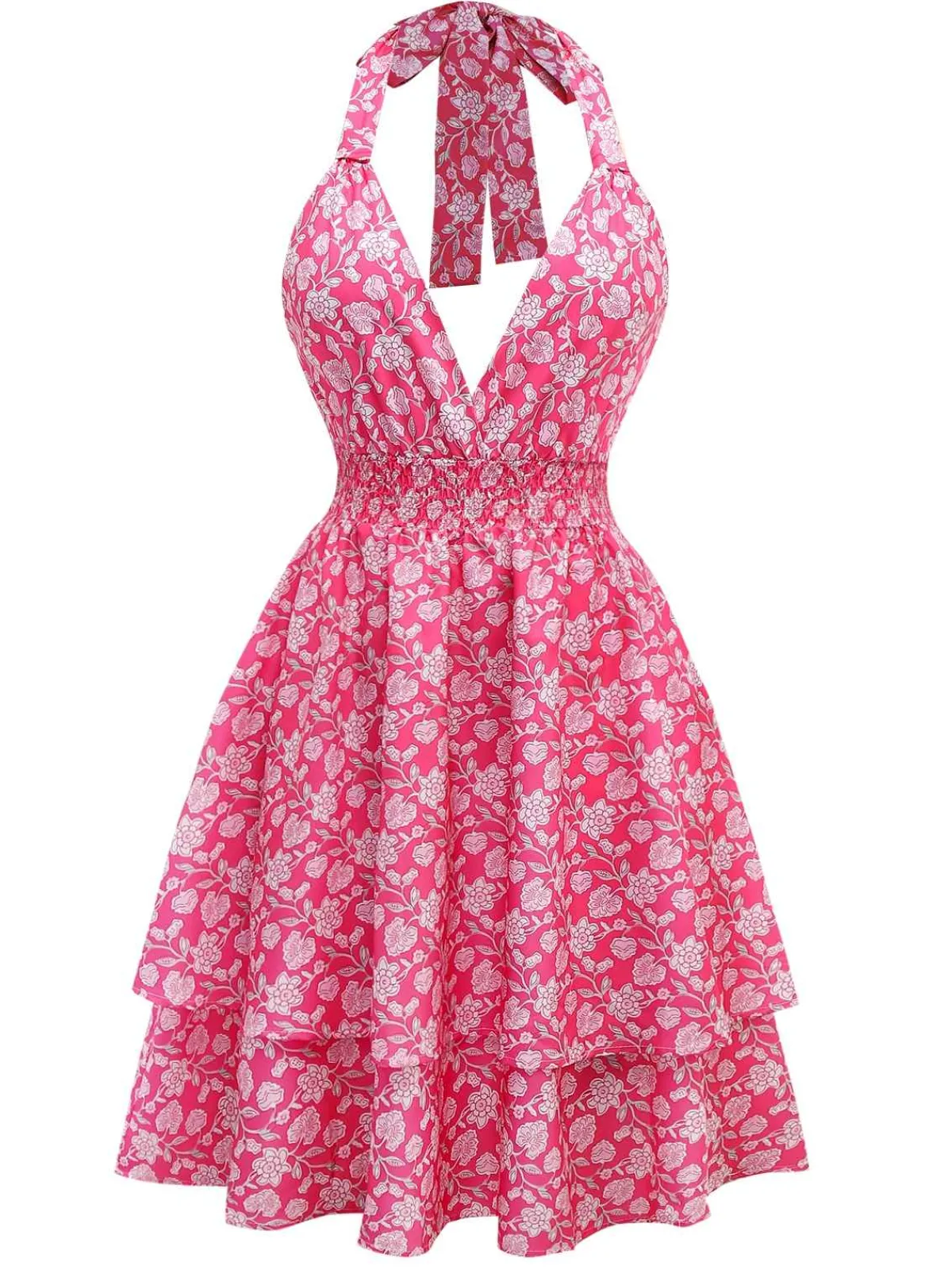 Fashion Retro Stage 1960s Smocked Floral Halter Dress Peach Pink