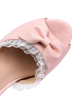 Discount Retro Stage Pearl Bow Lace Peep Toe High Heels Sandals