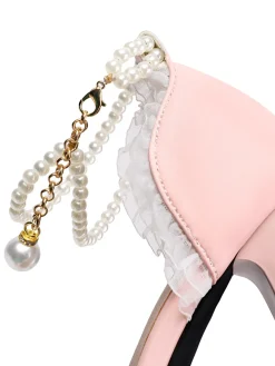 Discount Retro Stage Pearl Bow Lace Peep Toe High Heels Sandals