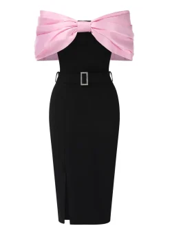 New Retro Stage 1960s Bow Off-Shoulder Belted Dress Pink & Black