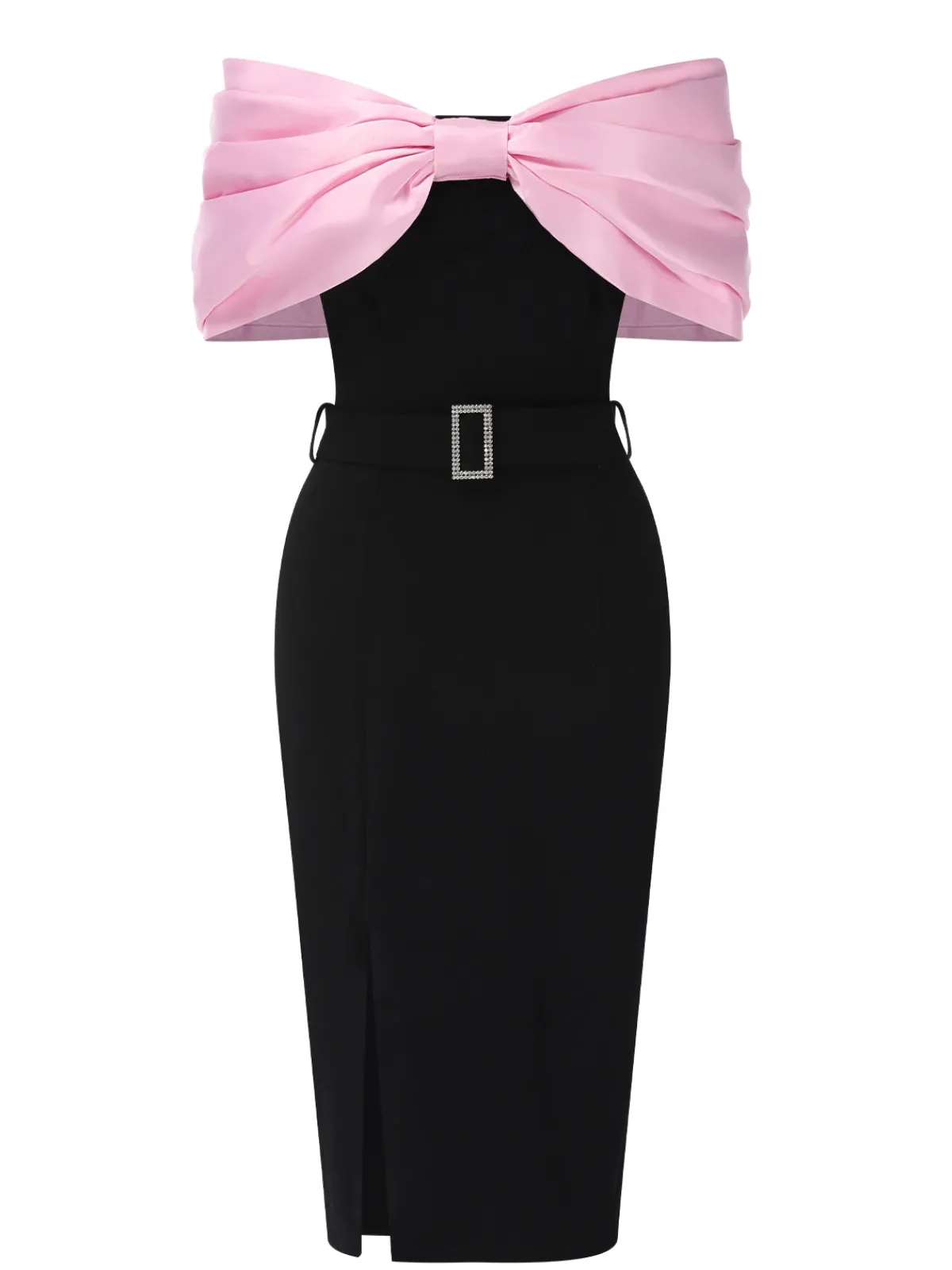 New Retro Stage 1960s Bow Off-Shoulder Belted Dress Pink & Black