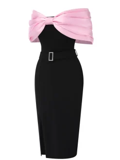 New Retro Stage 1960s Bow Off-Shoulder Belted Dress Pink & Black