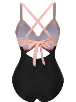Best Retro Stage Pink & Black 1940s Hollow Waist Patchwork Swimsuit