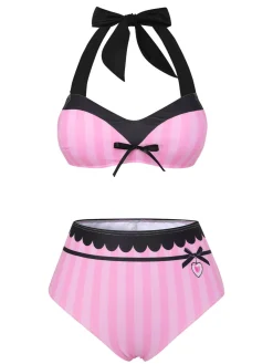Online Retro Stage & Black 1950s Stripe Halter Swimsuit Pink