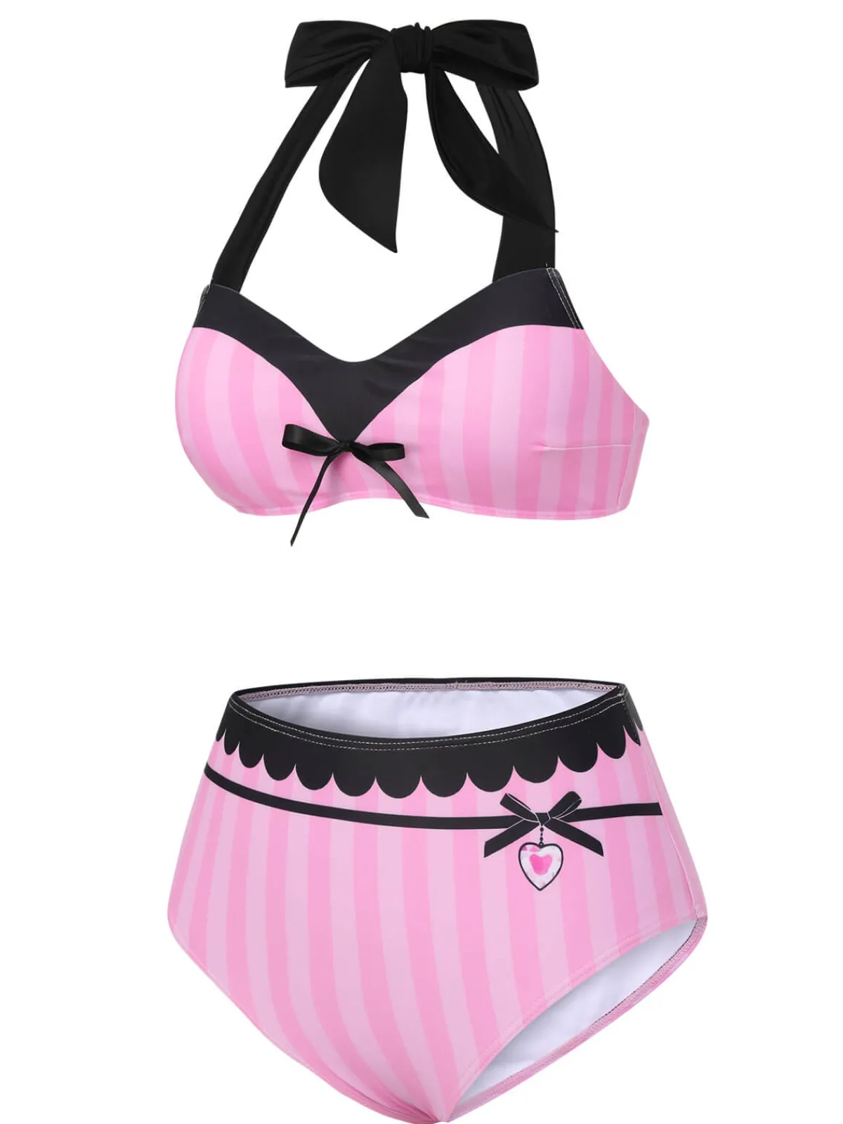 Online Retro Stage & Black 1950s Stripe Halter Swimsuit Pink