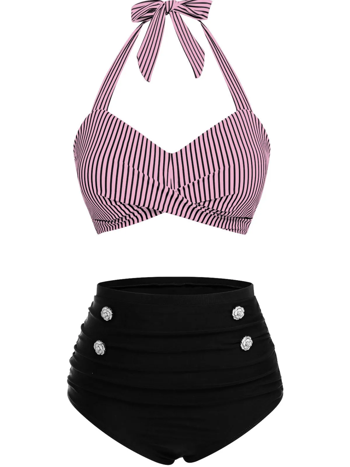 Clearance Retro Stage Pink & Black 1940s Striped Halter Swimsuit Set