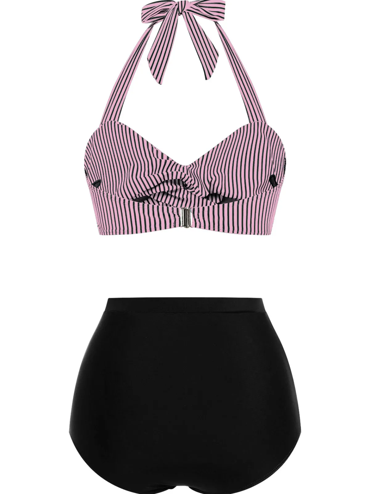 Clearance Retro Stage Pink & Black 1940s Striped Halter Swimsuit Set