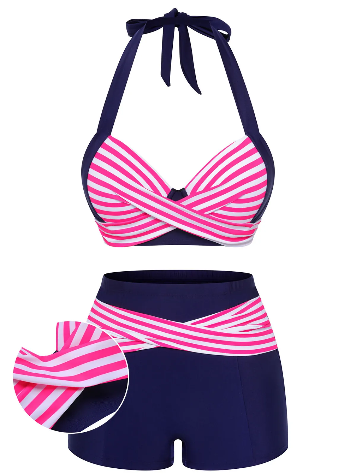 Online Retro Stage 1950s Striped Halter Swimsuit Pink & Blue