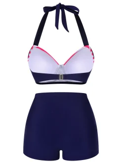 Online Retro Stage 1950s Striped Halter Swimsuit Pink & Blue