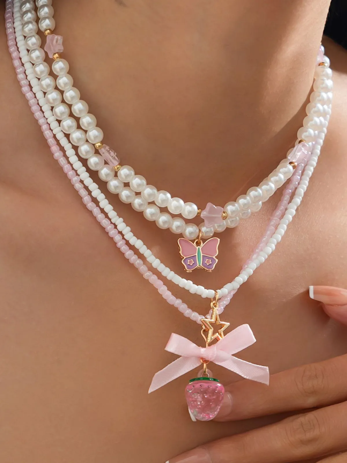 Fashion Retro Stage Pink & White Pearl Bow Butterfly Necklace Set