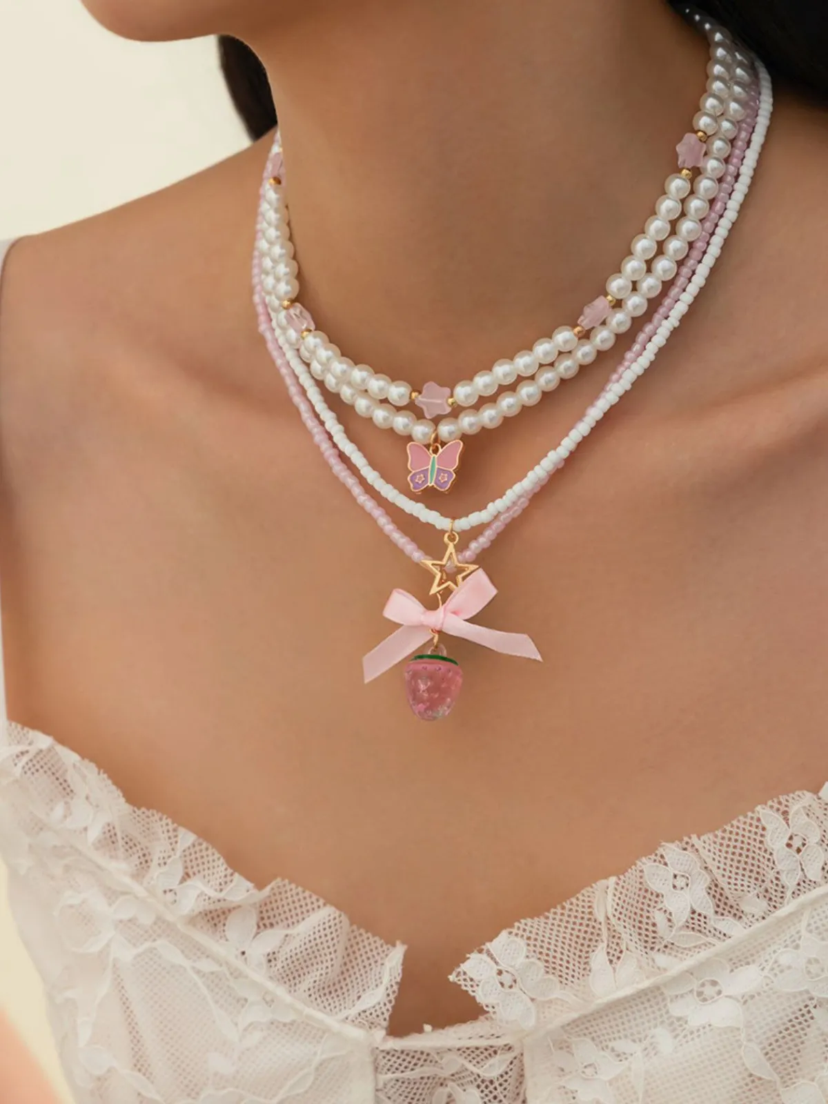 Fashion Retro Stage Pink & White Pearl Bow Butterfly Necklace Set
