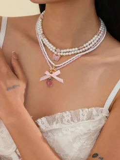 Fashion Retro Stage Pink & White Pearl Bow Butterfly Necklace Set