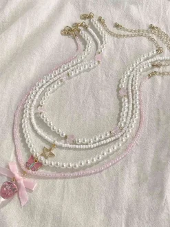 Fashion Retro Stage Pink & White Pearl Bow Butterfly Necklace Set