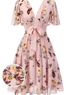 Clearance Retro Stage Pink Flowers And Birds Bowknot V-Neck Dress