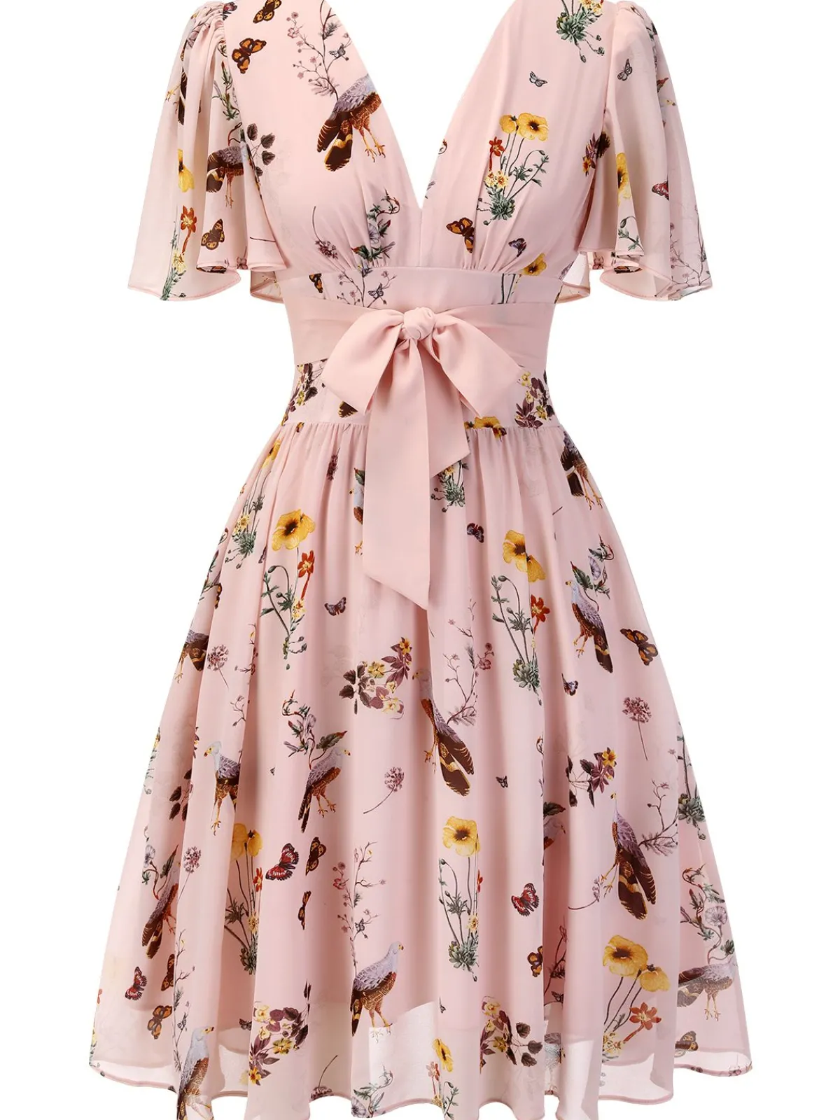 Clearance Retro Stage Pink Flowers And Birds Bowknot V-Neck Dress