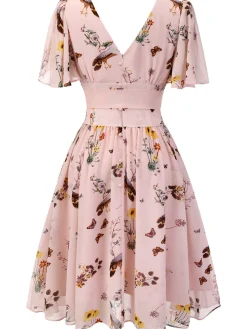 Clearance Retro Stage Pink Flowers And Birds Bowknot V-Neck Dress