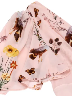 Clearance Retro Stage Pink Flowers And Birds Bowknot V-Neck Dress