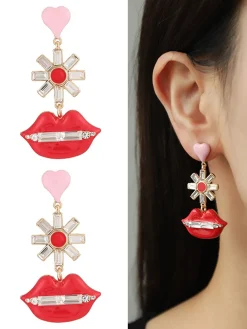 Outlet Retro Stage Pink Heart & Red Lips Valentine Earrings