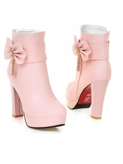 Discount Retro Stage Leather Bow High Heel Ankle Boots Pink